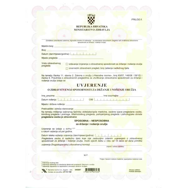 UVJERENJE IV-182 O ZDRAVSTVENOJ SPOSOBNOSTI