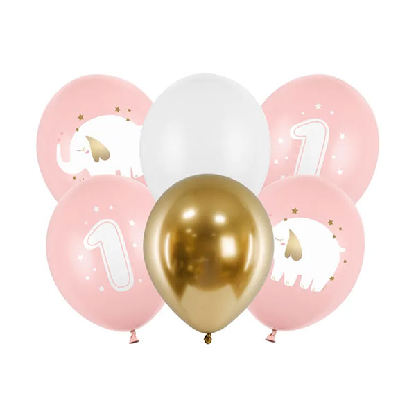 BALONI "ONE YEAR" 6/1 fi 30 cm PARTYDECO - Baloni one year Baby Pink